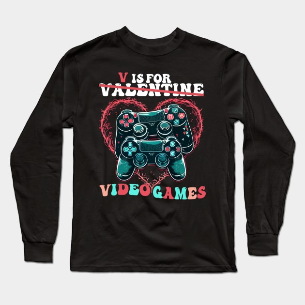 Valentine's Day Video Game V is for Video Games with Classic Controller Illustrations Long Sleeve T-Shirt by CHNSHIRT